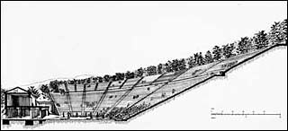 Sezione prospettica longitudinale del teatro di Epidauro con ipotesi di ricostruzione della scena ellenistica (George C. Izenour archive)