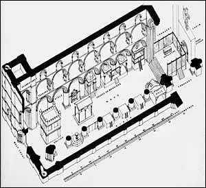 Ipotesi di ricostruzione di una scena medievale a luoghi deputati allestita in una chiesa (ricostruzione basata sulla navata di Southwell Minster, Inghilterra) (Richard Leacroft)